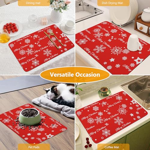 Christmas Red Coffee Mat Dish Drying Mat Hide Stain High Absorbent Drying Mat for Kitchen Easy Clean (Snowflake / 19" x 12")