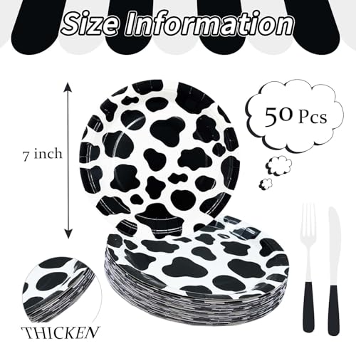 50 Pcs Cow Print Paper Plates 7 Inch Dessert Plates Disposable Dinner Plates for Cow Theme Party Birthday Baby Shower Party Plates (black and white plates / 50 Pcs)