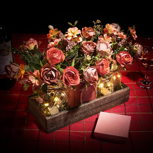 3 Pcs Mason Jar Centerpiece Table Decorations for Dining Table Decor Farmhouse Coffee Table Decor with Wood Tray and Led Light Table Centerpieces for Dining room Kitchen Living Bathroom (orange)