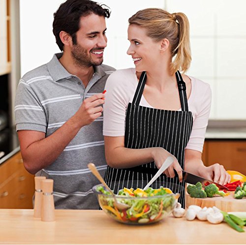 2 Pack Adjustable Bib Apron Thicker Waterdrop Resistant with 2 Pockets Cooking Kitchen Aprons for Women Men Chef (Stripe Black Pin / 2 Polyester)