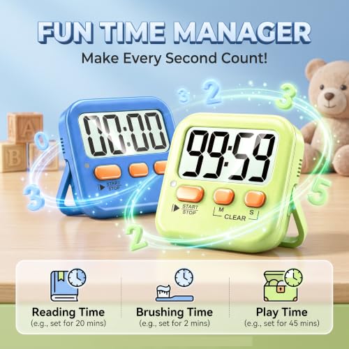 2 Pack Digital Timer for Kids Classroom Kitchen Timers for Cooking (2 * Green+ Sky Blue ( 95%+select for Kids ))