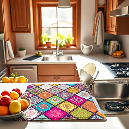 Plaid Floral Boho Counter Dish Drying Mat (BOHO 03 / 24" x 18")