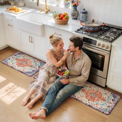 Kitchen Mats Cushioned Anti Fatigue (Orange/Blue/Multi / 20" x 59"+20" x 32"--0.47 inches)