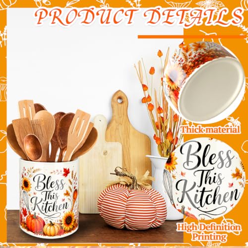 Fall Ceramic Utensil Holder for Kitchen Counter Autumn Utensil Crock with Pumpkin Sunflower Design for Farmhouse Thanksgiving Kitchen Decor (Sunflower)