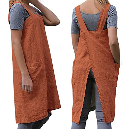Women's Cross Back Pinafore Apron with Large Pockets Home Kitchen (XX-Large / Orange)