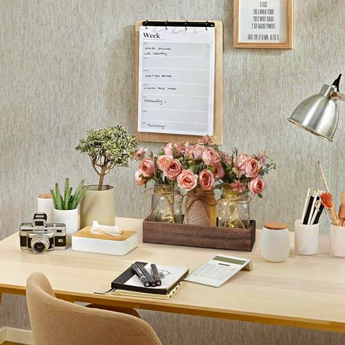 3 Pcs Mason Jar Centerpiece Table Decorations for Dining Table Decor Farmhouse Coffee Table Decor with Wood Tray and Led Light Table Centerpieces for Dining Room Kitchen Living Bathroom (Pink)