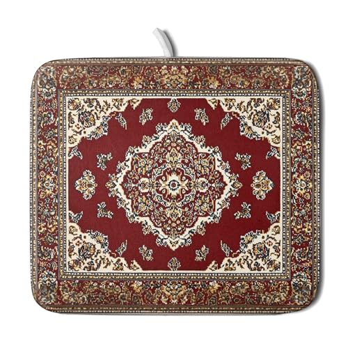 Vintage Boho Dish Drying Mat Antique Tribal Rustic Red Floral Dish Drainer Mats 16"x18" Ethnic Carpet Microfiber Reversible Dish Drying Rack Pad Protector for Kitchen Countertop Decor (18" x 16")