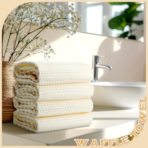 4 Pack Cream Hand Towels Waffle 100% Cotton 13x29 Inch (Cream)