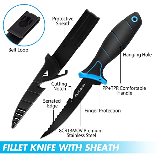4 Piece Fillet Knife Set with Sharpener Protective Sheath (Black)