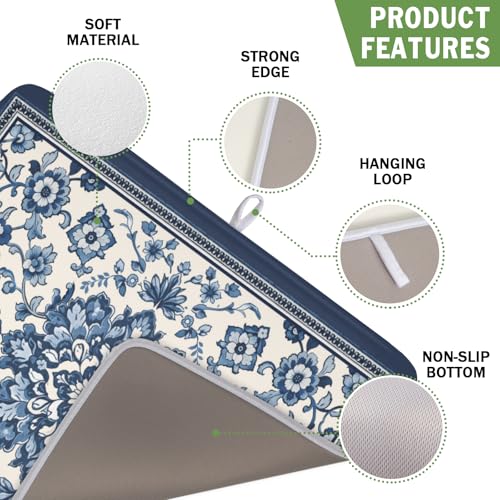 Blue Floral Dish Drying Mat for Kitchen Counter Vintage Flower Pattern Microfiber Dish Drainer Mat Rustic Farmhouse Absorbent Washable Drying Pad Extra Large 16"x18" (Vintage Blue Floral / 18" x 16")