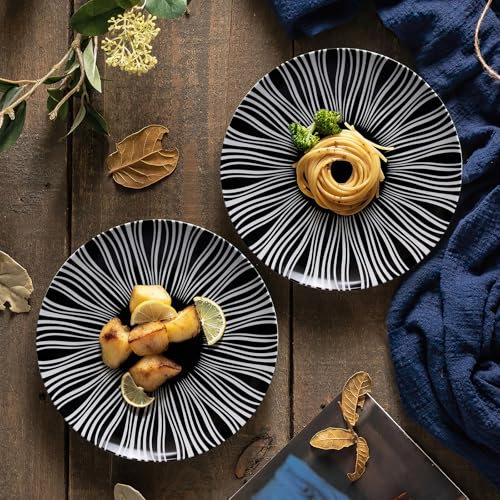 Black and White Striped Ceramic Plates Set of 6 (Black plates with white stripes / 6 inch)