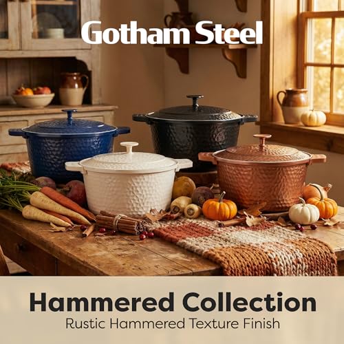 Hammered 5 Qt Lightweight Dutch Oven Pot with Lid & Holders (Hammered Cream)