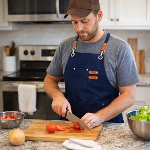 Chef Aprons for Men Canvas Apron with Large Pockets and Adjustable Neck Strap for Cooking (Blue)