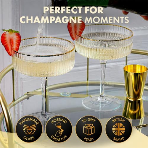 Ribbed Espresso Martini Glasses Set of 4 with Gold Rims (Set of 4- 10oz)