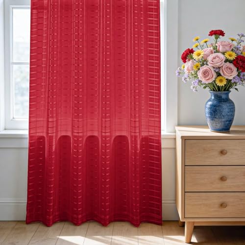 Check Sheer Curtains 54 Inches Long for Living Room (Check - Red / 52"W x 54"L (Pack of 2))