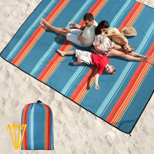 Beach Blanket Mat Waterproof Sandproof for 2 (Stripes - Green Orange / 79" X 83"（1-4person）)