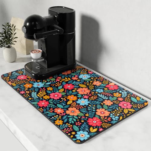 Coffee Mat 12" x 19" Coffee Bar Mats for Espresso Machine Station Accessories and Organizer (Boho Colorful Garden / 12" x 19")