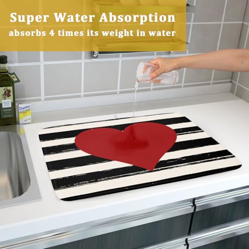 Valentine's Day Dish Drying Mat for Kitchen Counter Black Plaid Heart Microfiber Absorbent Dish Draining Reusable Washable Foldable Extra Large 18"x24" (24" x 18")
