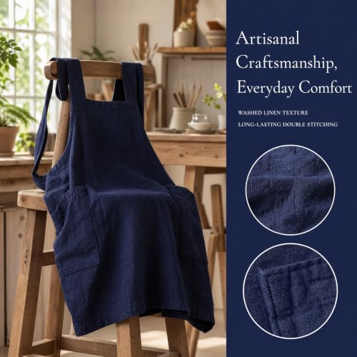Cross Back Linen Cotton Apron with Pockets (XX-Large / Blue)