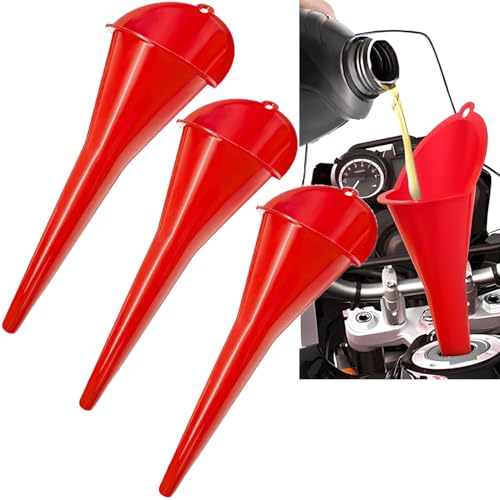 3-Pack Long-Neck Oil Funnels, 11" Multi-Purpose Funnels for Automotive & Motorcycle Use – Reusable Funnel for Oil, Gas & Transmission Fluid (Red) (Red)