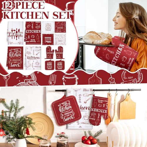12 Pcs Farmhouse Kitchen Decor and Accessories Sets 4 Red Kitchen Towels 4 Absorbent Dishcloths 2 Pot Holders 2 Oven Mitts Gloves for Home Decor Mom Gifts (Red and White / Classic)