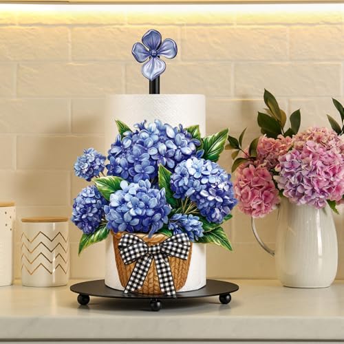 Blue Hydrangea Paper Towel Holder Summer Hydrangea Kitchen Decor Metal Flowers Paper Towel Holder Stand with Round Base for Summer Kitchen Bathroom Countertop Toilet Accessories (Hydrangea)