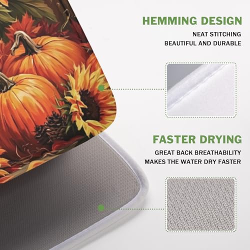 Fall Pumpkin Dish Drying Mat for Kitchen Counter Thanksgiving Autumn Harvest Pumpkin Microfiber Dish Drainer Mat Rustic Farmhouse Absorbent Washable Drying Pad 16"x18" (Fall Pumpkin / 18" x 16")