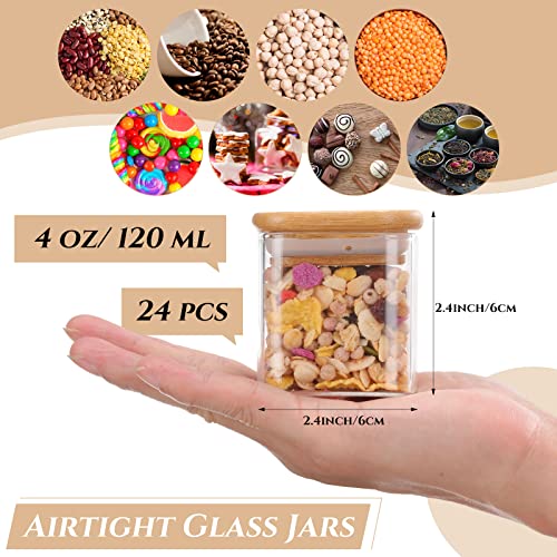 Set of 24 Airtight Square Spice Containers 4 oz Glass Spice Jars with Bamboo Lid Small Seasoning Jars Empty Food Storage Containers for Pantry Clear Food Canisters for Kitchen Sugar Coffee