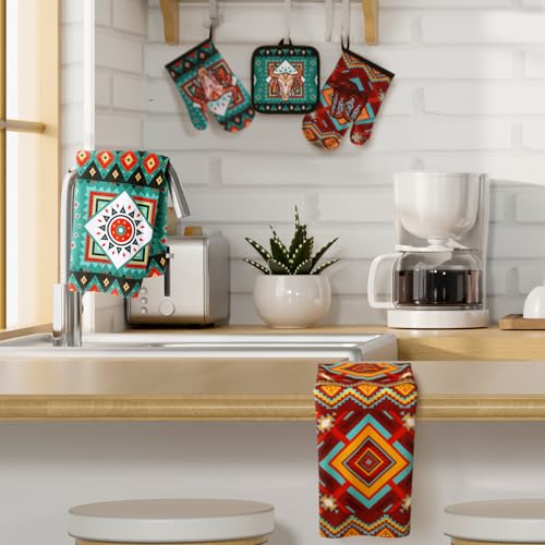 6 Pcs Kitchen Decor Set Accessorie Farmhouse Kitchen Towels Pot Holders Oven Mitts Set 2 Dish Towels 2 Pot Holders 2 Cooking Mittens Oven Glove for Cooking (Retro Color / Western Boho Aztec))