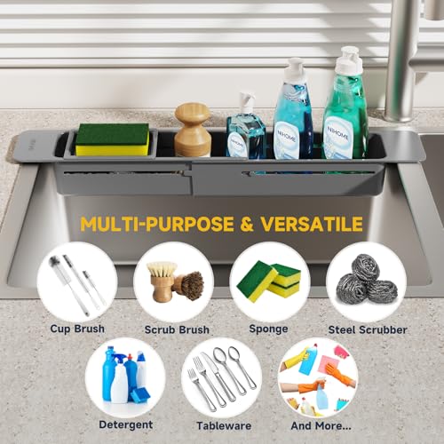 Extendable Kitchen Sink Caddy Extra Long Brush Sponge Storage Holder (Extra Long / Dark Gray)