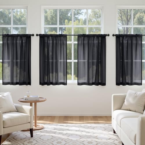 4 Panels Half Window Tier Black Sheer Curtains 42 x 36 Inches (42"W x 36"L (Pack of 4) / Black)