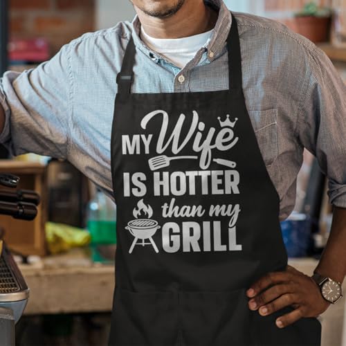 Mens Aprons with Pockets Funny Apron for BBQ Grilling Kitchen Cooking Valentines Birthday Christmas (Husband 1)