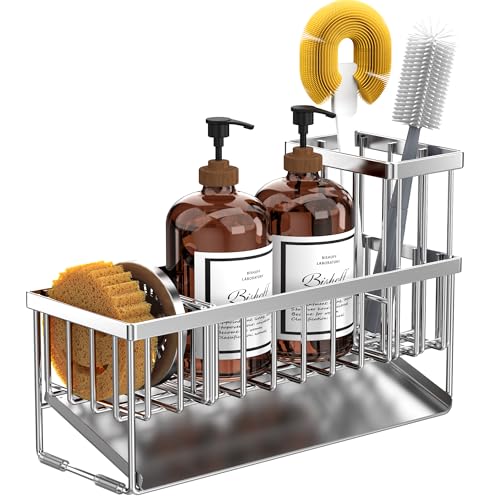 Extra Large Silver Kitchen Sink Caddy Organzier with High Brush Holder (Silver / 10.62 inches)