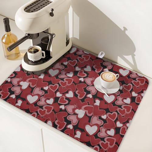 Valentines Day Dish Drying Mat for Kitchen Counter 24x18 Inch Love Drying Mat with Absorbent Reversible Microfiber Black Red Grey Heart Dish Drainer Mats Rack Pad for Coffee Countertop Protector (Red Grey Black / 24" x 18")