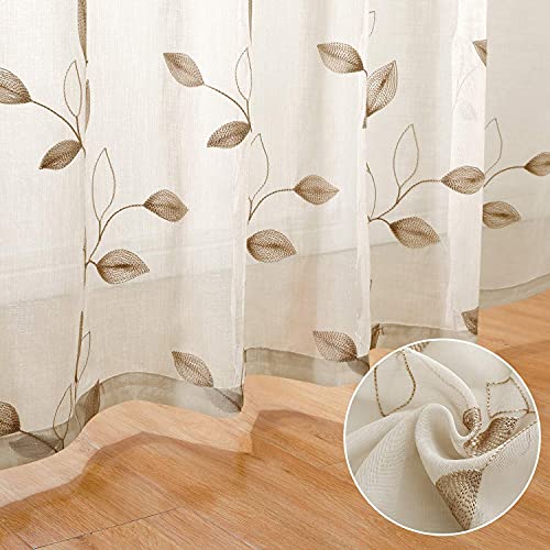 Taupe Sheer Curtains Leaf Embroidered (52"W x 84"L (Pack of 2) / 2-taupe/Beige)