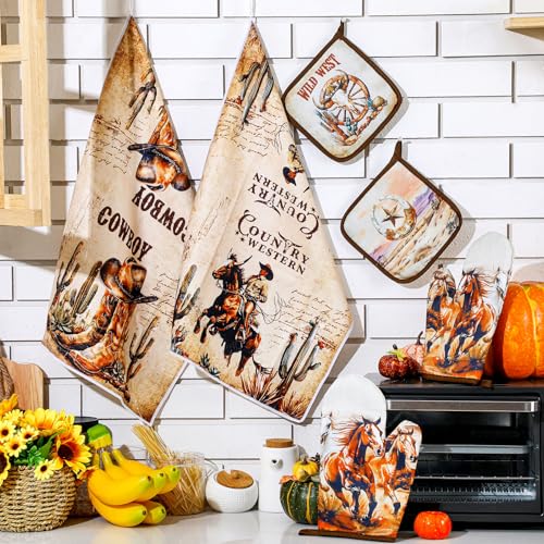 6 Western Kitchen Towels Oven Mitts and Pot Holders Sets (Brown / Western)