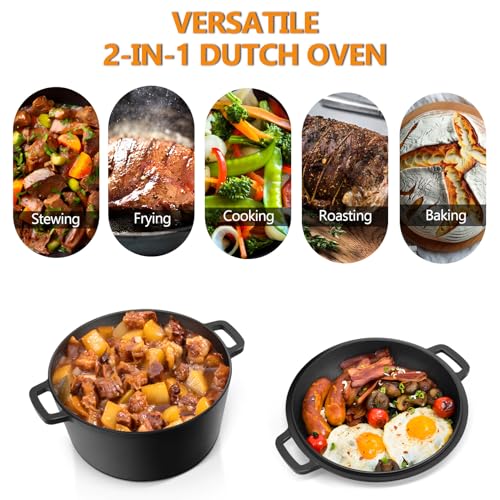 2 In 1 Black Dutch Oven Pot with Lid for Bread Baking (Black)