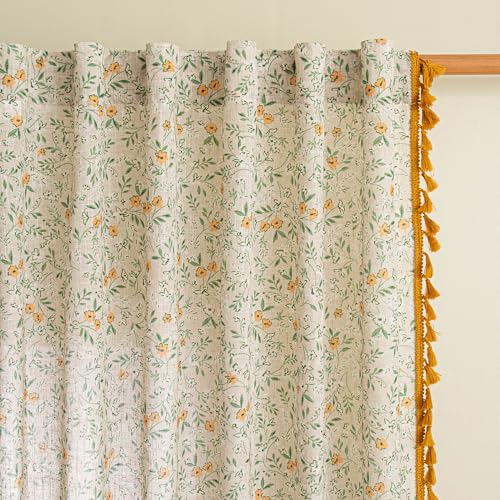 Floral Boho Linen Curtains 63 Inch Long 2 Panels Set with Yellow Tassels Farmhouse Semi Sheer Bohemian Living Room Bedroom Window Curtains Rustic Country Back Tab (Yellow and Green / 50"W x 63"L (Pack of 2))