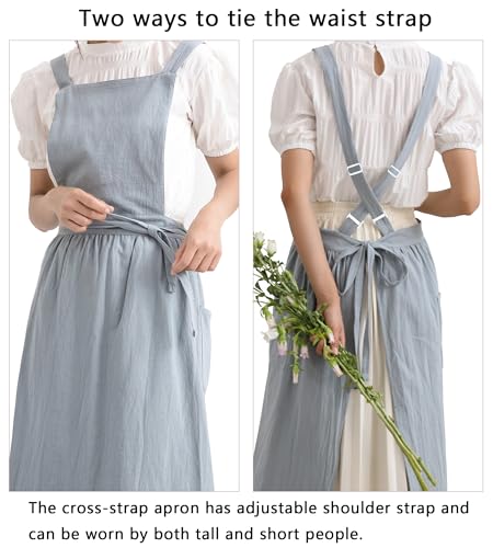 Cotton Linen Pinafore Apron Dress for Women with Pockets Chef Aprons Cross Back Apron for Kitchen Baking Painting (Light Blue)