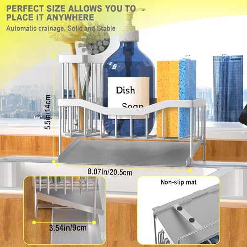 Maifan Sink Caddy Sponge Holder for Kitchen with Brush Holder and Stainless Steel Self Drain Tray (Lacquer Silver)