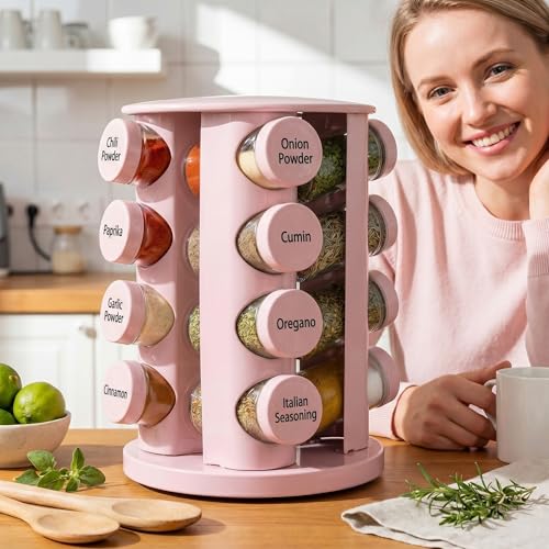 Pink Rotating Spice Rack with 16 Empty Jars and Labels (Pink)