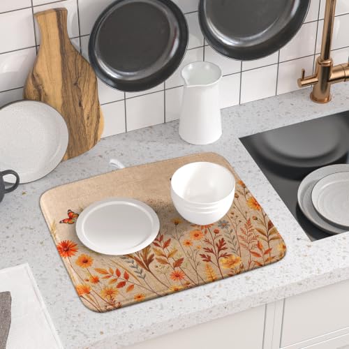 Rustic Fall Flowers Dish Drying Mat Retro Autumn Orange Floral Butterfly Dish Drainer Mats 16"x18" Microfiber Reversible Dish Drying Rack Pad Protector for Kitchen Countertop Decor (18" x 16")