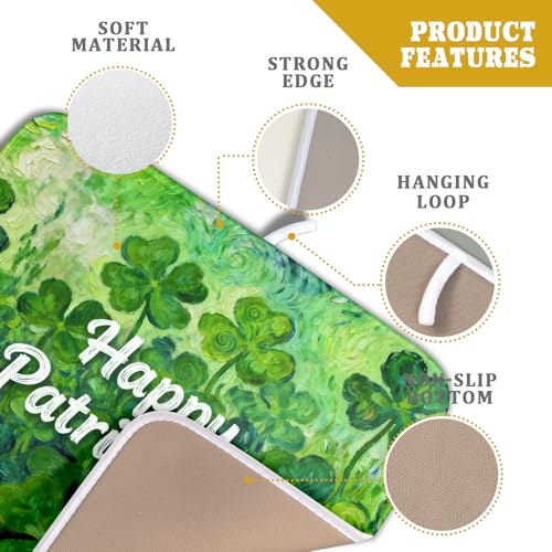 St Patricks Day Lucky Clover Dish Drying Mat for Kitchen Counter 16x18 Green Shamrock Happy Holiday Theme Absorbent Reversible Microfiber Drying Mats Kitchen Countertop Protector Dishes Drainer Pad (16" x 18")