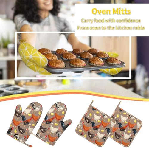 Fun Hen Chicken Rooster Oven Mitts and Pot Holders Set of 4 Silicone Heat Resistant Oven Mitten Potholders Non Slip Gloves Kitchen Decor for BBQ Cooking Grilling Baking (Fun Hen Chicken Rooster)