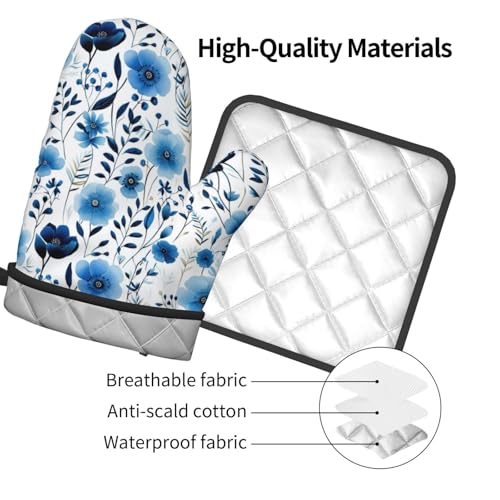 Blue Floral Oven Mitts and Pot Holders Sets of 3 (Blue-floral)