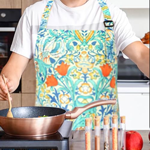 Floral Apron for Women with Pockets Cotton Canvas Waterproof Apron Cooking Baking Painting Gift (Grey)