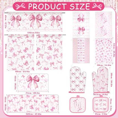 13 Pcs Pink Bow Kitchen Decor Set 3 Coquette Kitchen Curtains Valance 2 Aesthetic Rugs and Mats 4 Girly Hand Towels 2 Pink Pot Holders 2 Oven Mitts for Home Decor Cooking Grilling Housewarming Gift (Pink Bow)