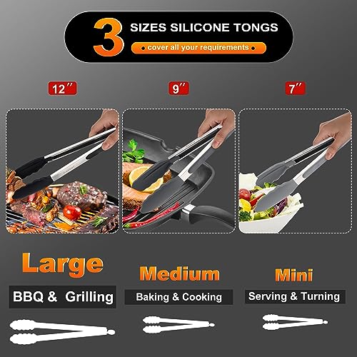 Non Stick Silicone Locking Tong Set of 3 (7+9+12 Inch / 3 Pcs Silicone - Grey, Black, White)