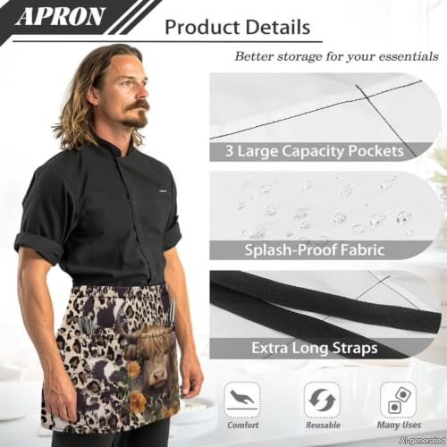 Server Apron with 3 Pockets (Yak and Leopard Print)