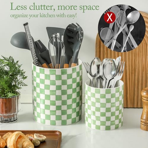 7" Ceramic Hand painted Utensil Holder (Green)